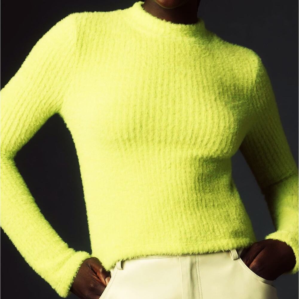 by Anthropologie Mock Neck Fuzzy Sweater in Brat Green Neon Lime‎ Size XS
